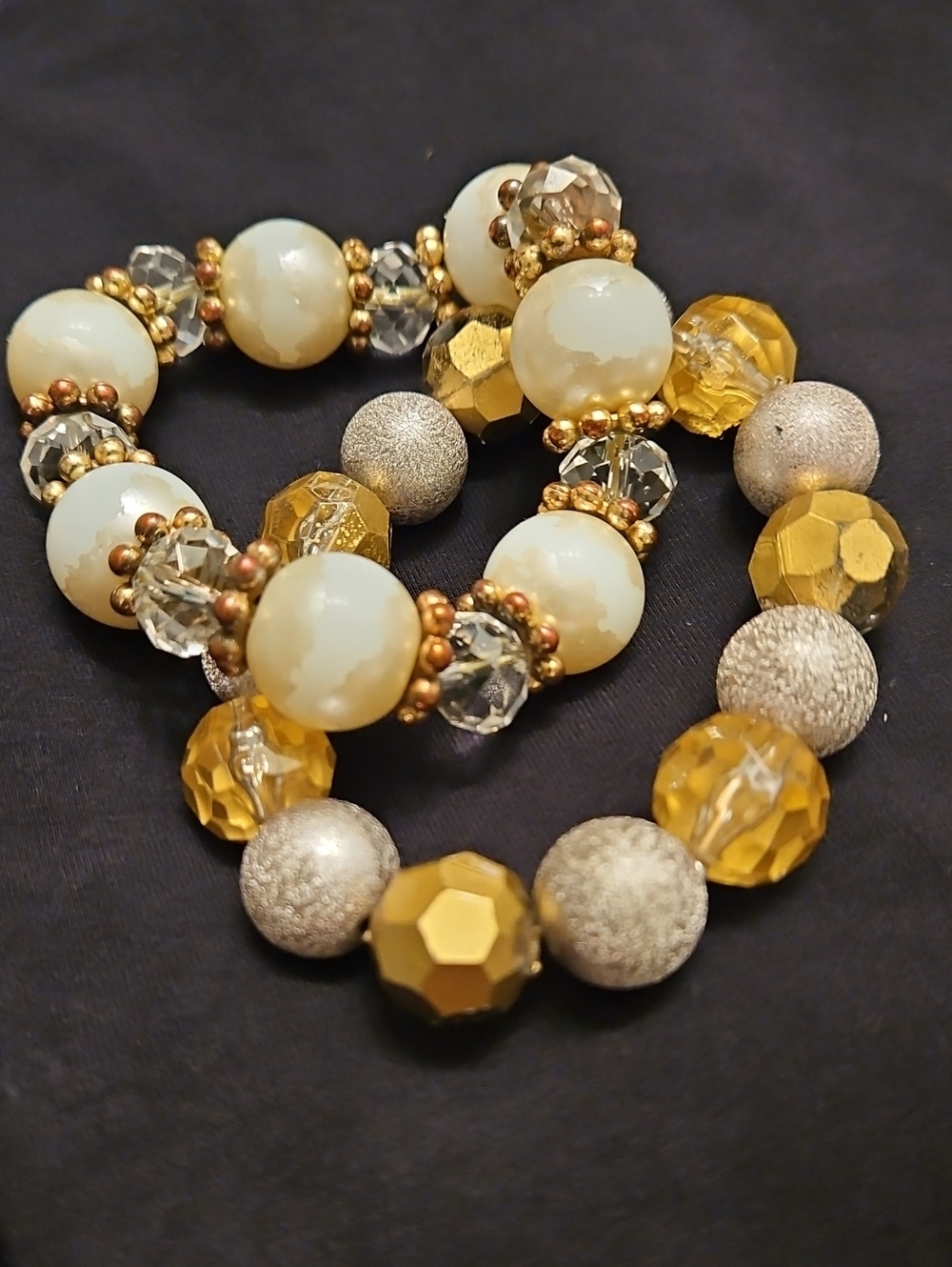 2Pc Vintage Cream Pearl Clear Crystal & Stardust Silver Gold Bracelet Stack